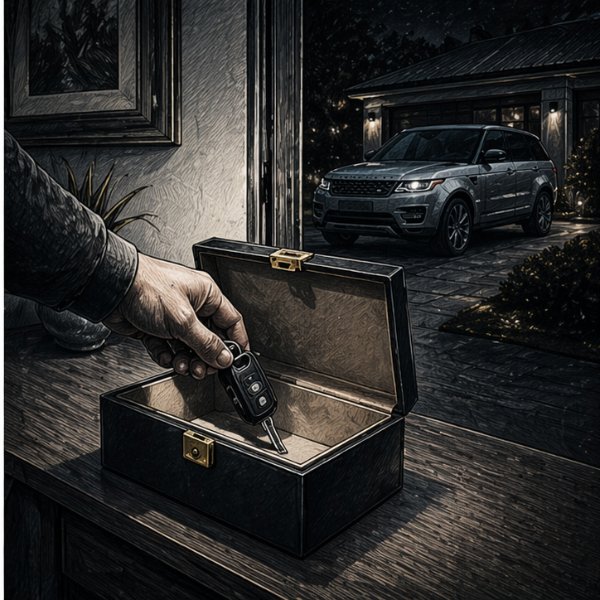 CarSmarti Faraday Key Shield Box shown at a home entryway, blocking relay attack signals from reaching the parked vehicle