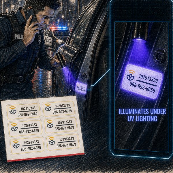 CarSmarti Paint-Etching Identifying Decals illustrated with law enforcement officer using UV light to reveal hidden ID