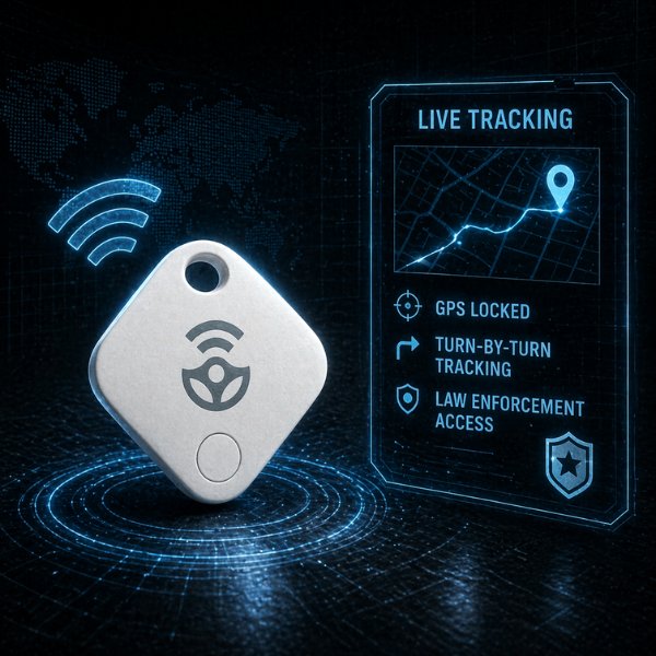 CarSmarti Smart Recovery Chip shown with live tracking interface, GPS lock, turn-by-turn tracking, and law enforcement access indicators