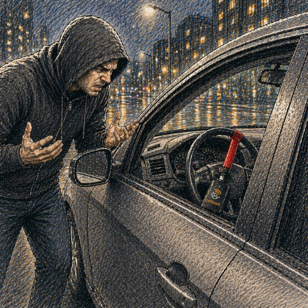 CarSmarti Steering Wheel and Seatbelt Lock deterrent installed in a vehicle, causing a thief to walk away frustrated