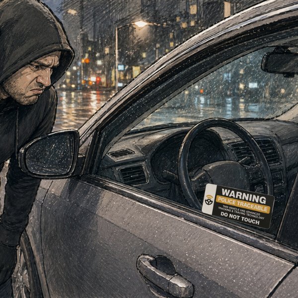 CarSmarti Window Warning Deterrent Labels shown on a car window with a hooded thief deterred from approaching