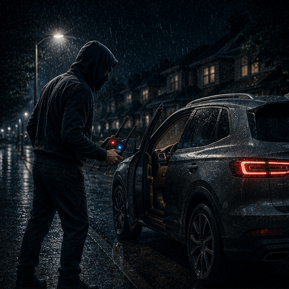 Thief breaking into an unprotected vehicle at night