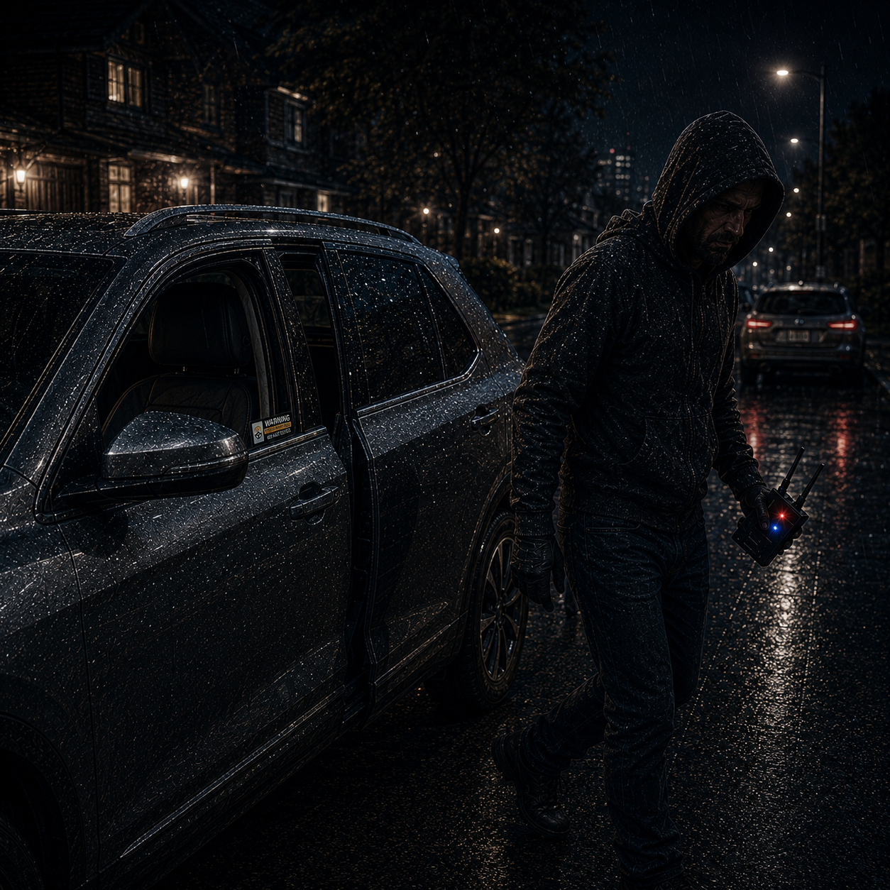 Thief walking away from a vehicle displaying a CarSmarti warning decal